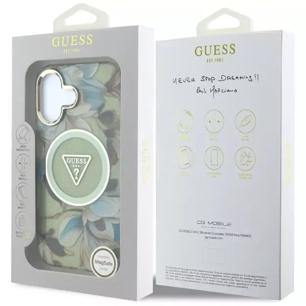Guess Glitter Flowers Triangle Buttons MagSafe case for iPhone 16 green 2