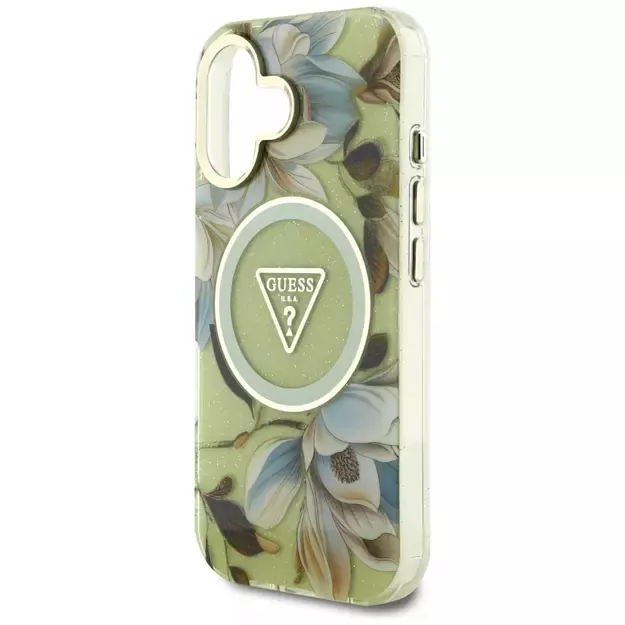 Guess Glitter Flowers Triangle Buttons MagSafe case for iPhone 16 green 14
