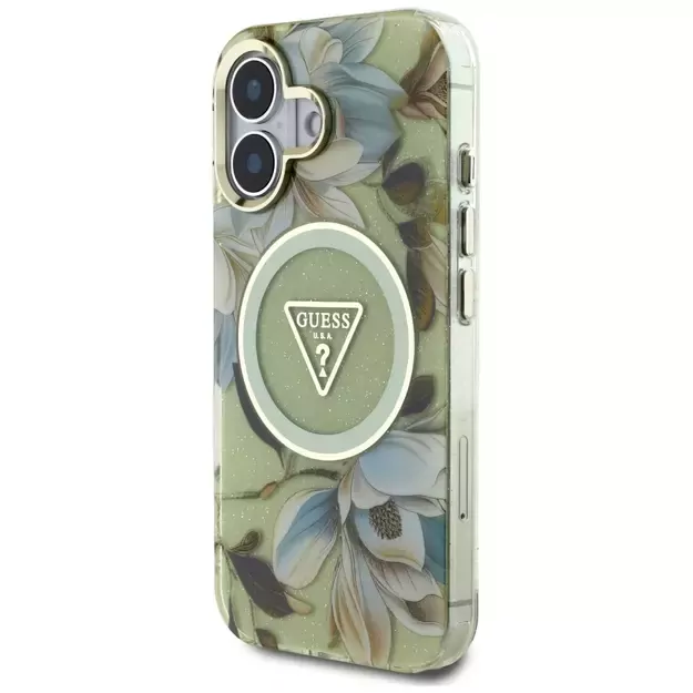 Guess Glitter Flowers Triangle Buttons MagSafe case for iPhone 16 green 10
