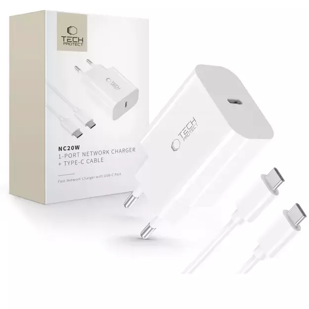 Tech-Protect NC20W PD20W USB-C wall charger with USB-C cable - white