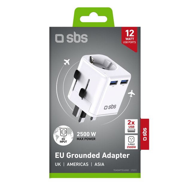 SBS universal travel adapter - EU 2xUSB-A - white 1