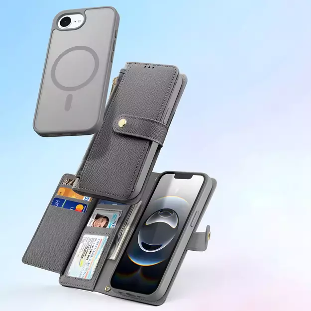 Dux Ducis Lawa iPhone 16e Leather Case with Detachable Magnetic Wallet - Gray 3