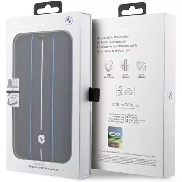 Case BMW BMBKP14X22RVSK iPhone 14 Pro Max 6.7&quot  black/black bookcase Leather Stamp Blue Lines 12