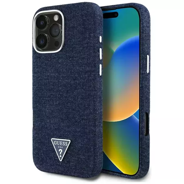 Guess Denim Triangle Logo MagSafe iPhone 16 Pro Max Case - Blue