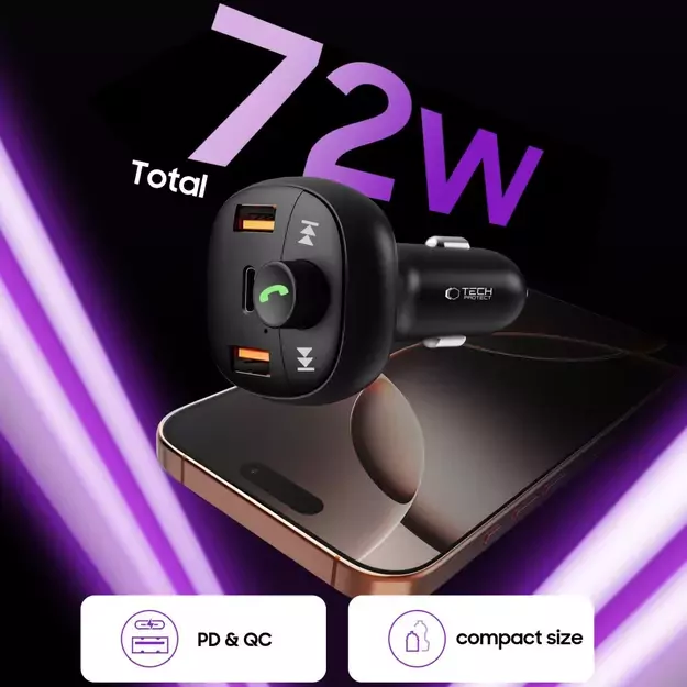 Tech-Protect CC06 3-port PD72W car charger with transmitter - black 3