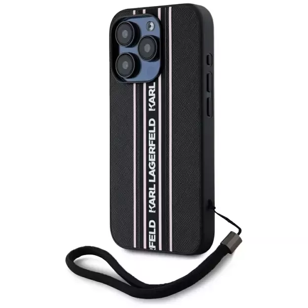 Karl Lagerfeld Saffiano Athleisure Stripes Cord iPhone 15 Pro Case - Pink 1