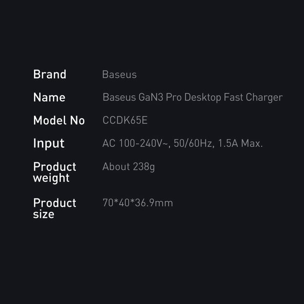 Baseus GaN3 Pro fast charger GaN 2 x USB Type C / 2 x USB 65W PD, QC4.0+, AFC, PPS + cable USB Type C - USB Type C 1m black (CCGP040101) 18