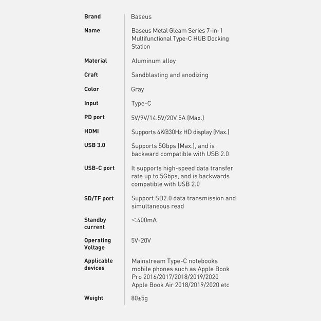 Baseus Metal Gleam Series multifunctional USB HUB 7in1 Type C HDMI TF PD card reader gray (WKWG020113) 23