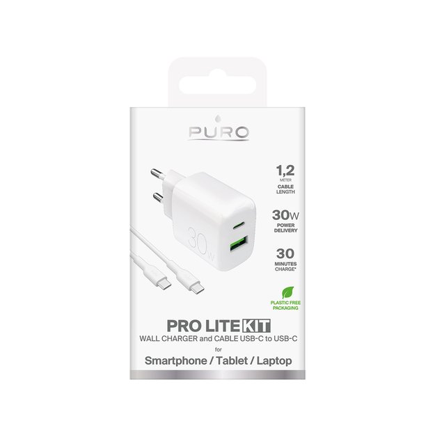 Puro PROLITE 30W USB-A / USB-C wall charger + USB-C - USB-C cable 1.2m - white 1