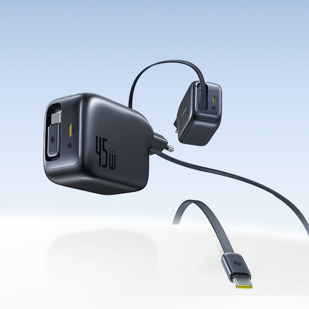 Baseus EnerCore CJ11 45W Wall Charger with USB-C Port and Retractable USB-C Cable - Black 1