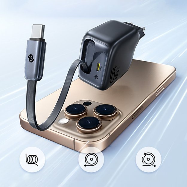 Baseus EnerCore CJ11 45W Wall Charger with USB-C Port and Retractable USB-C Cable - Black 5