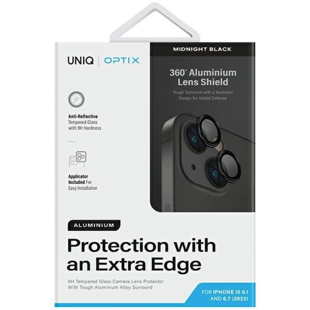 Uniq Optix Glass Aluminum Camera Lens Protector for iPhone 15 / 15 Plus Camera Lens with Applicator - Black 1