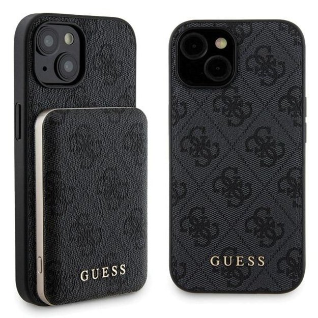 Guess 4G Metal Logo case set for iPhone 15 + 5000mAh MagSafe power bank - black