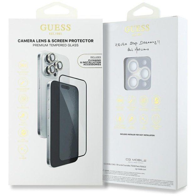 Guess BP Rhinestone 2in1 Screen Protector and Camera Lens Set for iPhone 16 Pro Max - Gold 3