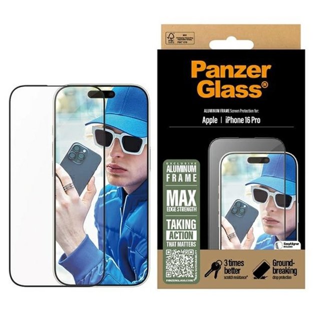 PanzerGlass Screen Protector Aluminum Frame iPhone 16 Pro 6.3&quot  Ultra-Wide Fit 2850