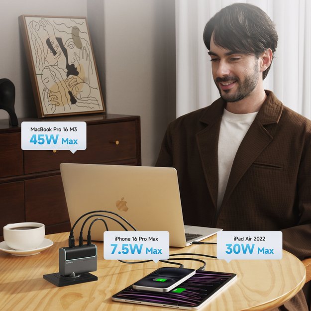 Cuktech CUKAD1003EUG GaN 100W Wall Charger 2 x USB-C 1 x USB-A with USB-C Cable - Gray 4