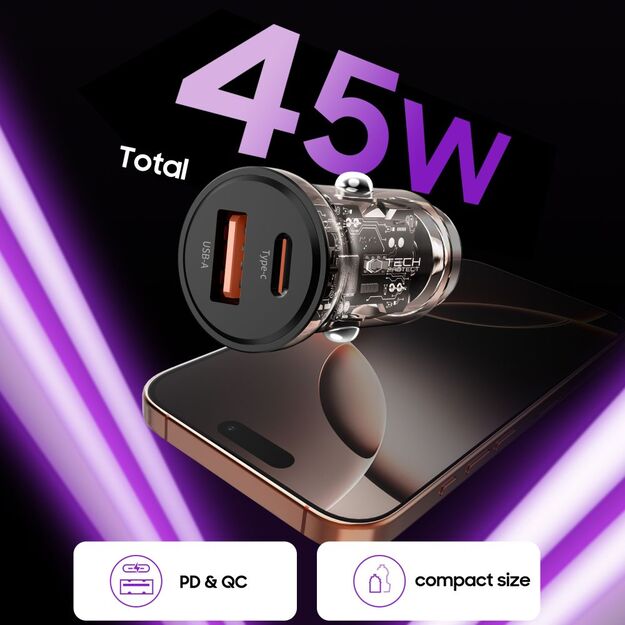 Tech-Protect CC01 45W 2-Port USB-A / USB-C Car Charger - Black 3