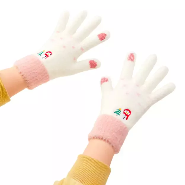 Women s winter telephone gloves with a snowman and a Christmas tree - white and pink