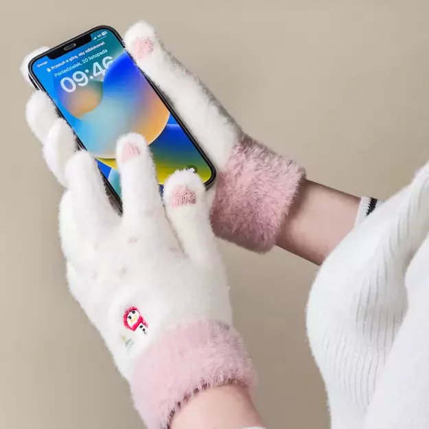 Women s winter telephone gloves with a snowman and a Christmas tree - white and pink 1