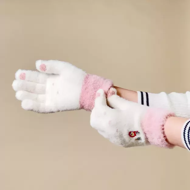 Women s winter telephone gloves with a snowman and a Christmas tree - white and pink 4