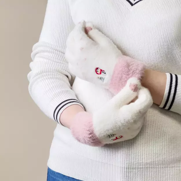 Women s winter telephone gloves with a snowman and a Christmas tree - white and pink 3