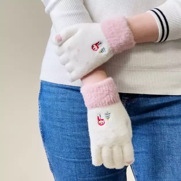 Women s winter telephone gloves with a snowman and a Christmas tree - white and pink 2