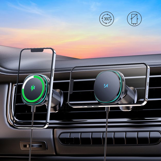 Wozinsky WCT5-Q6S2Y Car Holder with Qi/MagSafe 15W Inductive Charger for Ventilation Grill with Fan - Black 12