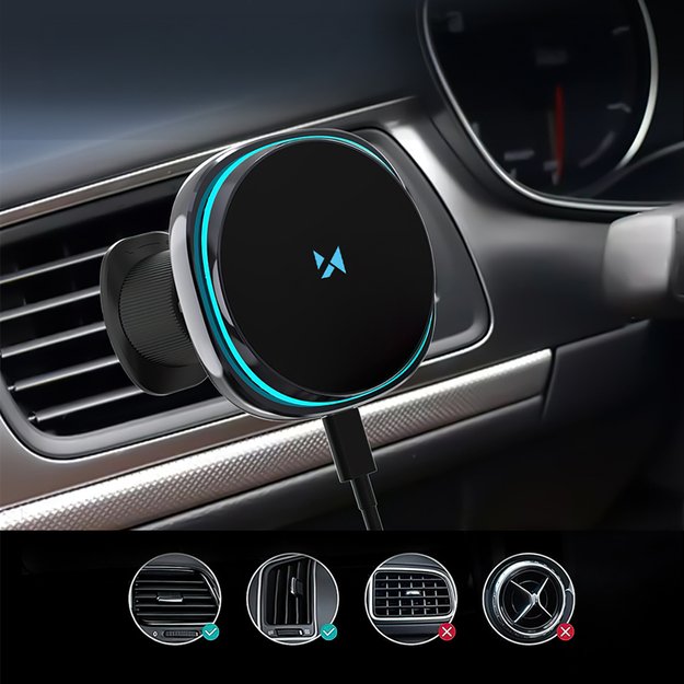 Wozinsky WCT5-Q6S2Y Car Holder with Qi/MagSafe 15W Inductive Charger for Ventilation Grill with Fan - Black 10
