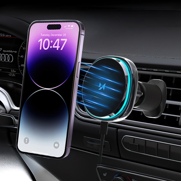 Wozinsky WCT5-Q6S2Y Car Holder with Qi/MagSafe 15W Inductive Charger for Ventilation Grill with Fan - Black 8