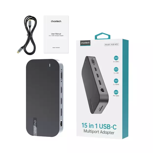HUB Choetch M52 USB-C - USB-C PD/USB-C/USB-A/HDMI/VGA/DP/SD/TF/RJ45/AUX - gray 3