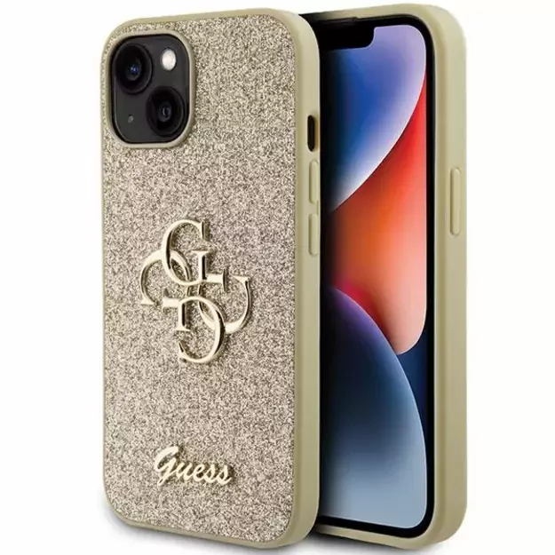 Guess Glitter Script Big 4G iPhone 15 Case - Gold