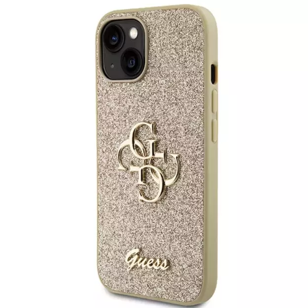 Guess Glitter Script Big 4G iPhone 15 Case - Gold 1