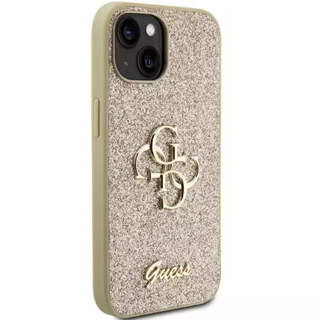 Guess Glitter Script Big 4G iPhone 15 Case - Gold 3