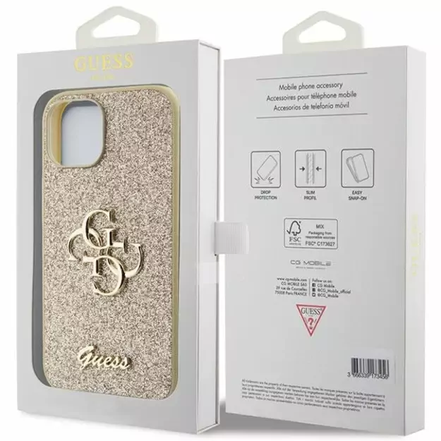 Guess Glitter Script Big 4G iPhone 15 Case - Gold 7