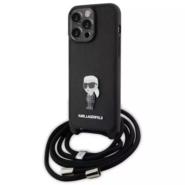 Karl Lagerfeld Crossbody Saffiano Monogram Metal Pin Karl &amp  Choupette Case for iPhone 15 Pro Max - Black