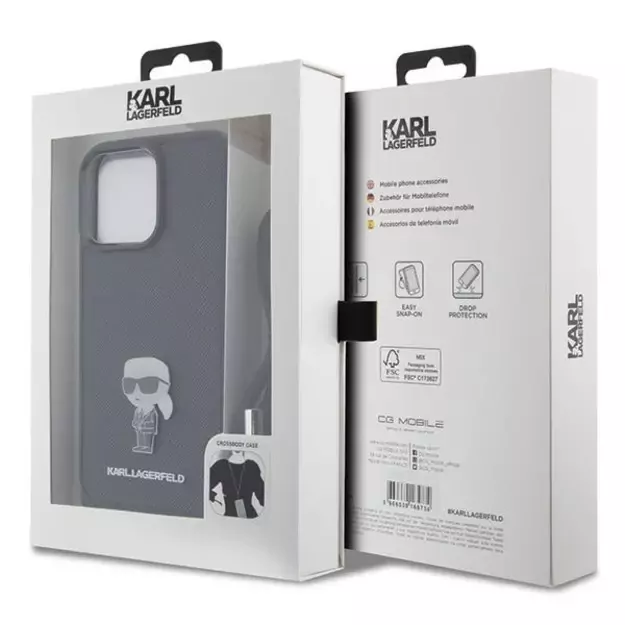 Karl Lagerfeld Crossbody Saffiano Monogram Metal Pin Karl &amp  Choupette Case for iPhone 15 Pro Max - Black 6