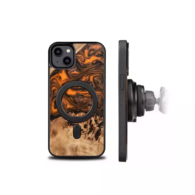 Wood and resin case for iPhone 15 Plus MagSafe Bewood Unique Orange - orange and black 6