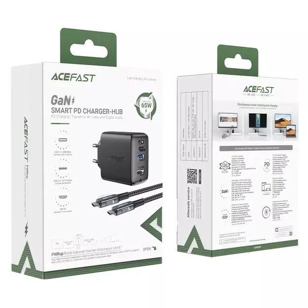 Acefast 2in1 charger GaN 65W USB Type C / USB, adapter HDMI adapter 4K 60Hz (set with cable) black (A17 black) 9