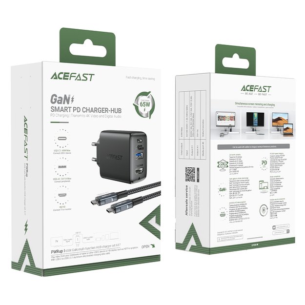 Acefast 2in1 charger GaN 65W USB Type C / USB, adapter HDMI adapter 4K 60Hz (set with cable) black (A17 black) 9