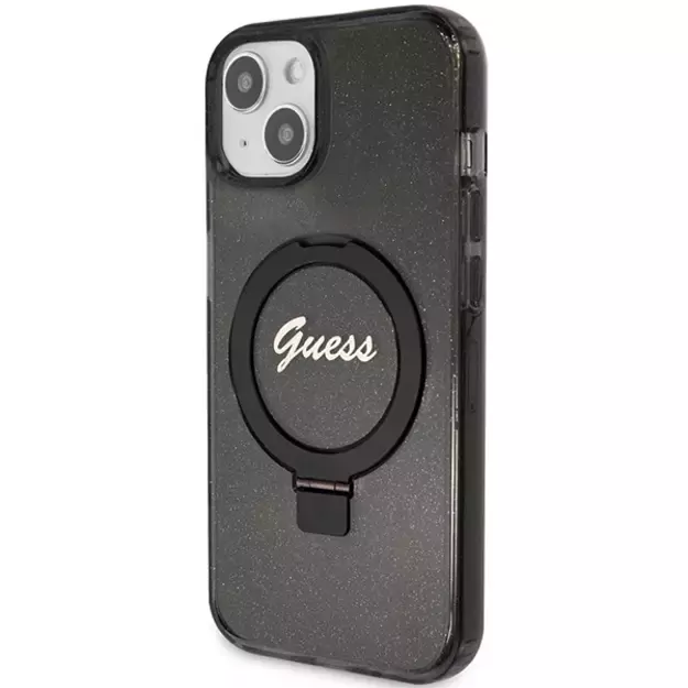 Guess Ring Stand Script Glitter MagSafe case for iPhone 15 - black 1