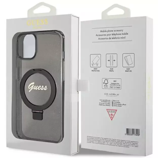 Guess Ring Stand Script Glitter MagSafe case for iPhone 15 - black 7