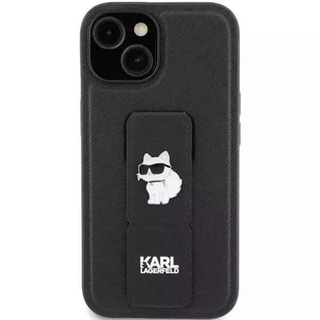 Karl Lagerfeld Gripstand Saffiano Choupette Pins Case for iPhone 15 Plus / 14 Plus - Black 2