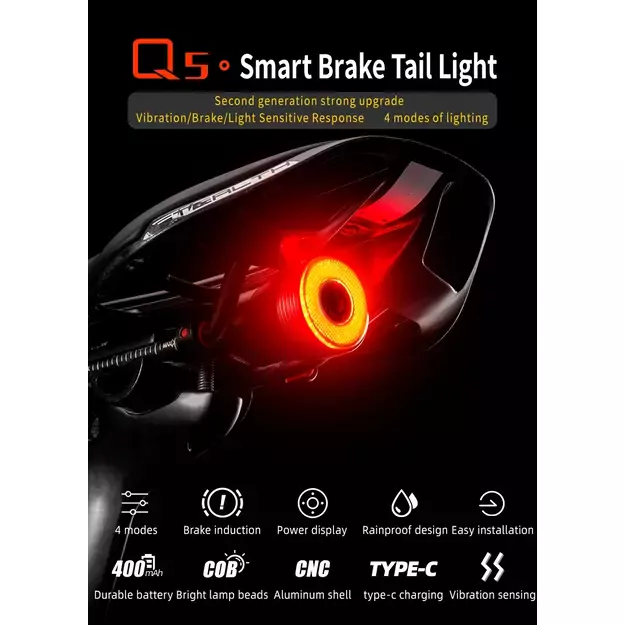 Rockbros Q5 Rear Bike Light with Intelligent Stop System - Black 7