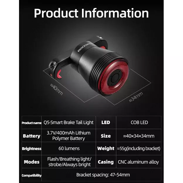 Rockbros Q5 Rear Bike Light with Intelligent Stop System - Black 8
