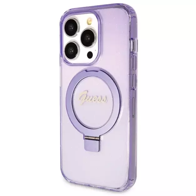 Guess Ring Stand Script Glitter MagSafe case for iPhone 14 Pro - purple 8