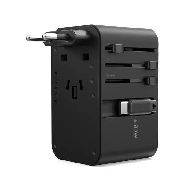 Choetech PD5022 70W EU/US/AUS/UK Travel Adapter with Built-in USB-C Cable - Black 9