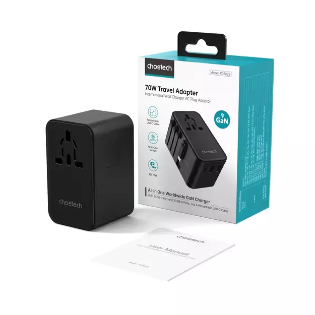 Choetech PD5022 70W EU/US/AUS/UK Travel Adapter with Built-in USB-C Cable - Black 1