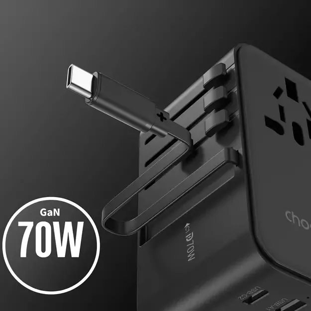 Choetech PD5022 70W EU/US/AUS/UK Travel Adapter with Built-in USB-C Cable - Black 5