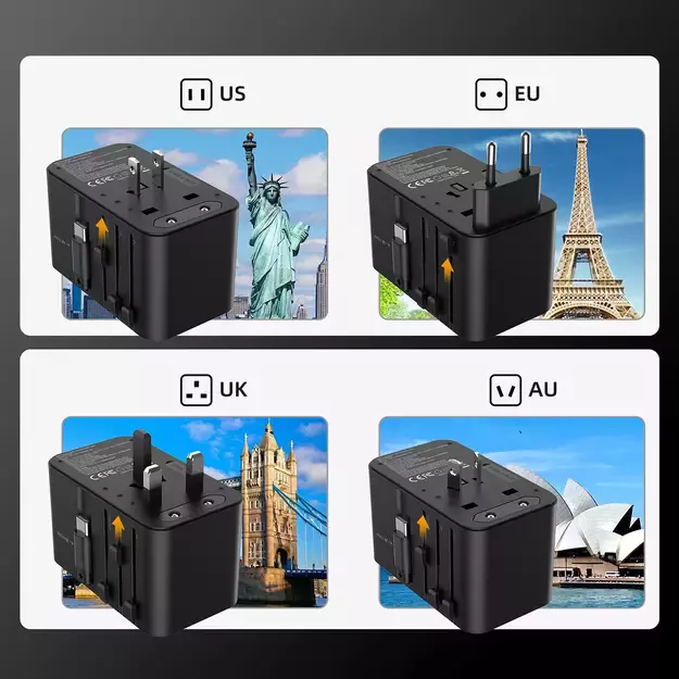 Choetech PD5022 70W EU/US/AUS/UK Travel Adapter with Built-in USB-C Cable - Black 3