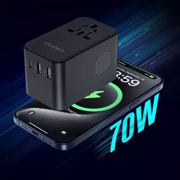 Choetech PD5022 70W EU/US/AUS/UK Travel Adapter with Built-in USB-C Cable - Black 8